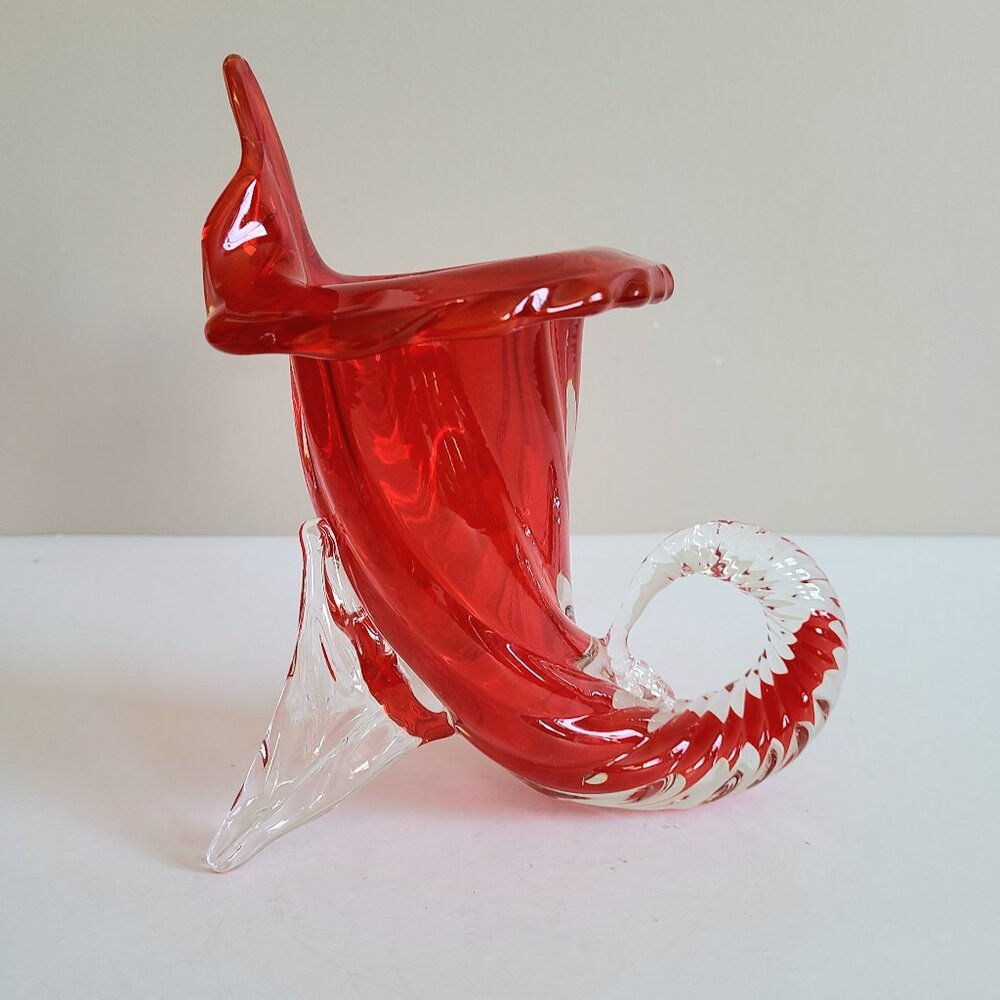 Murano Art Glass Cornucopia Jack in the Pulpit Red and Clear Vase. MCM decor.